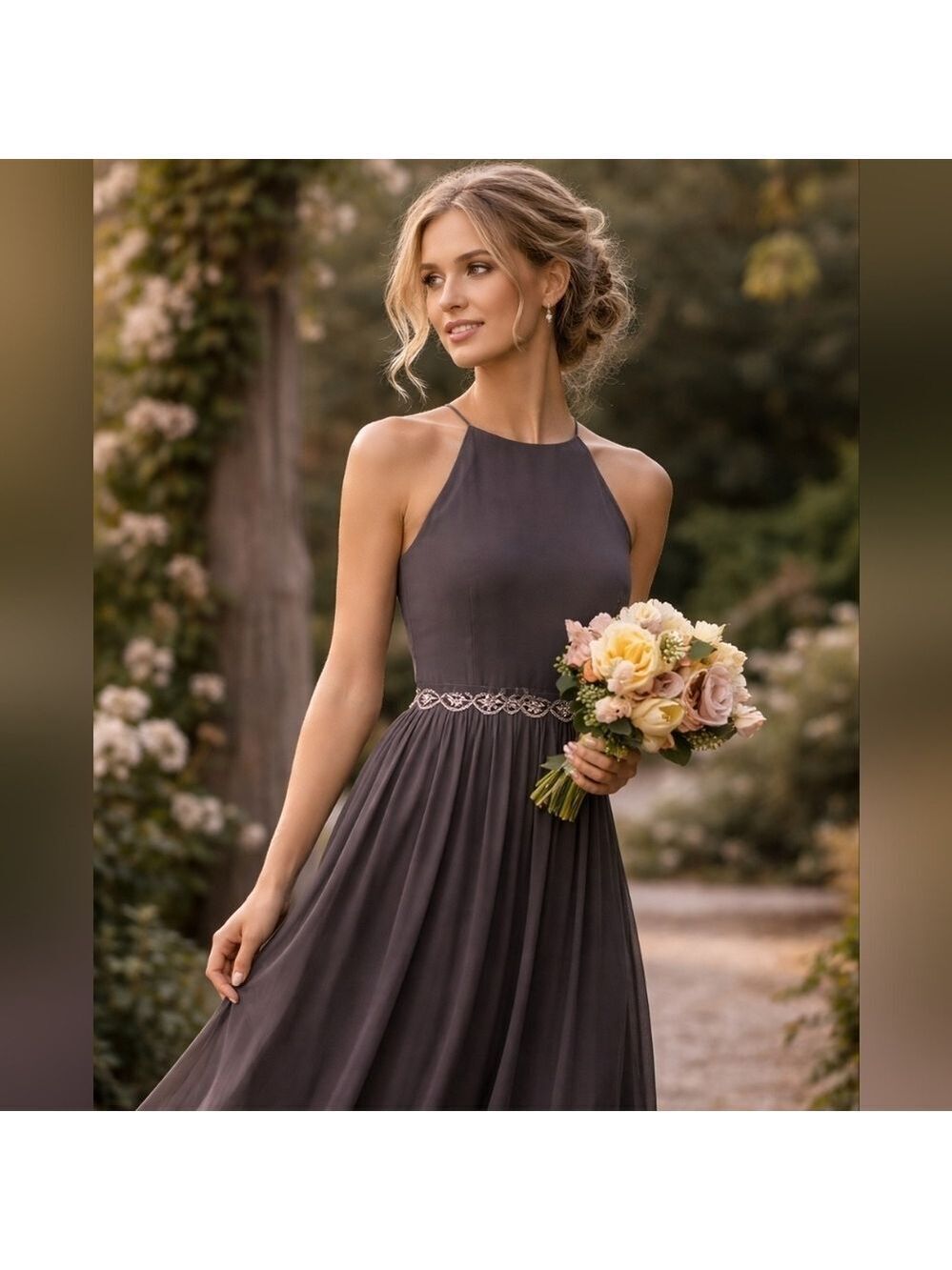 BHLDN Anthropologie Donna Morgan Alana Charcoal Chiffon Gown Size 0 NWT